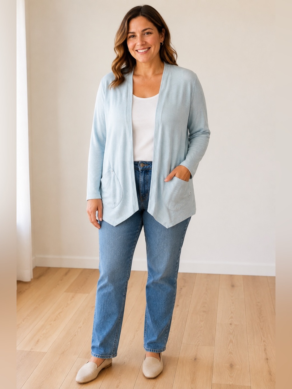 Chico’s Weekends Light Blue Open Front Cardigan Size L Tunic Pockets